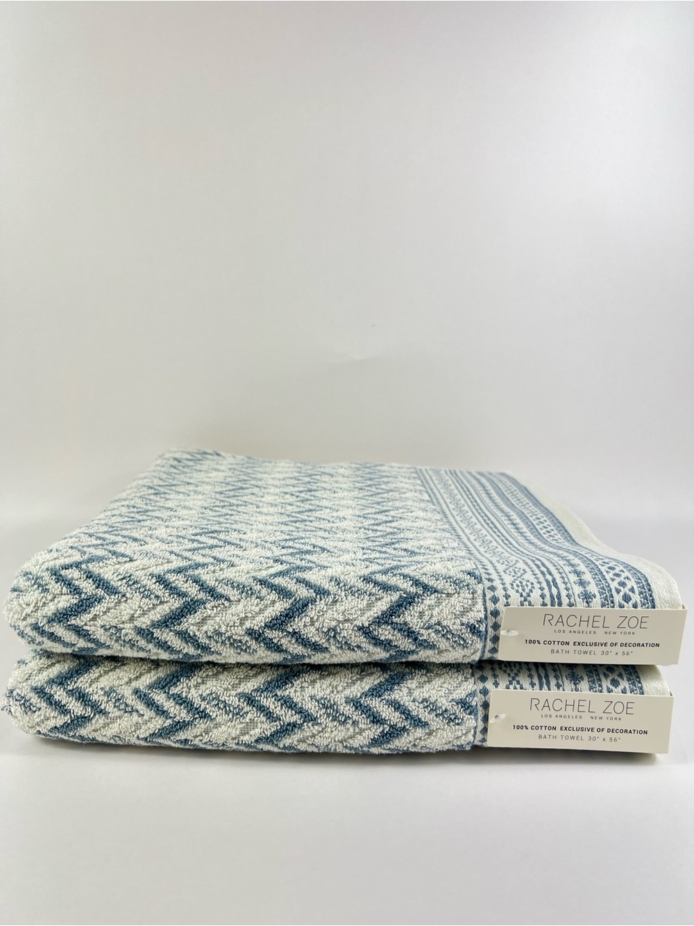 Rachel Zoe Bath Towels Blue Cream Chevron Design Soft 100% Cotton 2 Pc NEW